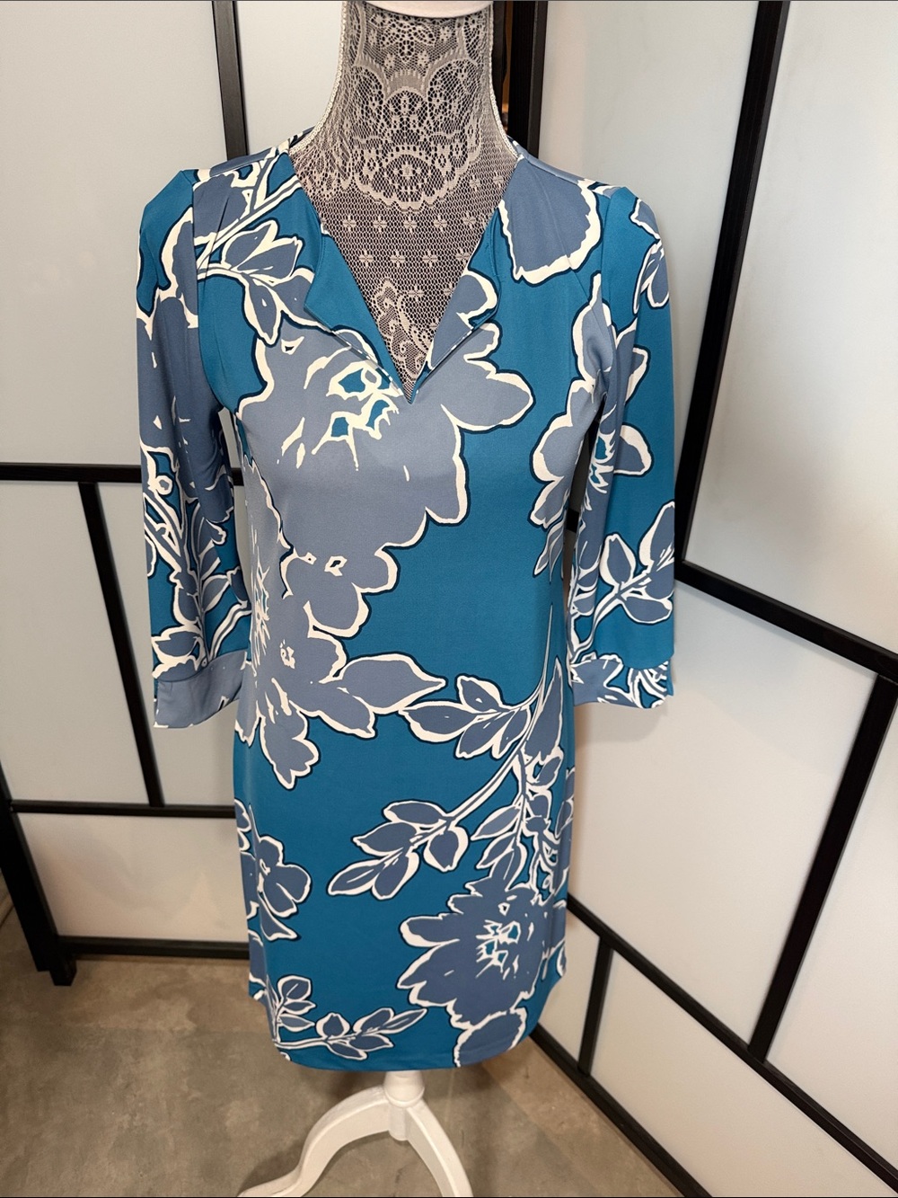 The Limited Teal Floral V-Neck Mini Dress